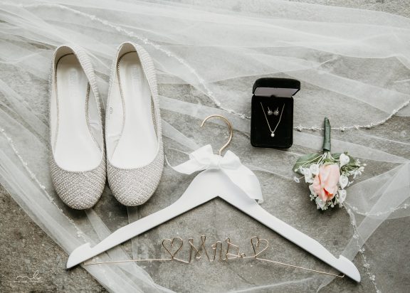 Wedding accessories and shoes on display