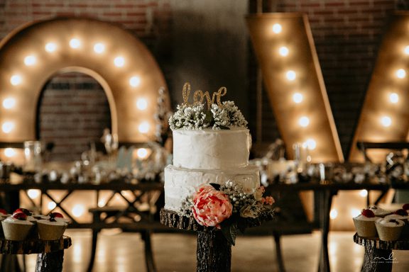Wedding cake inside historic venue