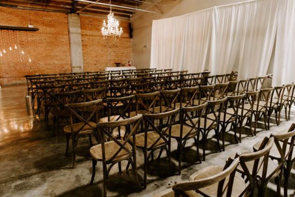 Chairs arranged for a wedding ceremony.