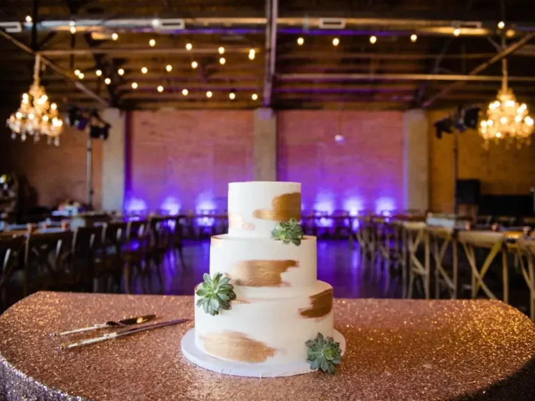 Wedding Cake inside Dramatically Lit Venue