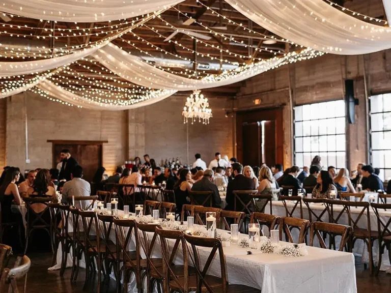 Large group of people at wedding venue under romantic lighting